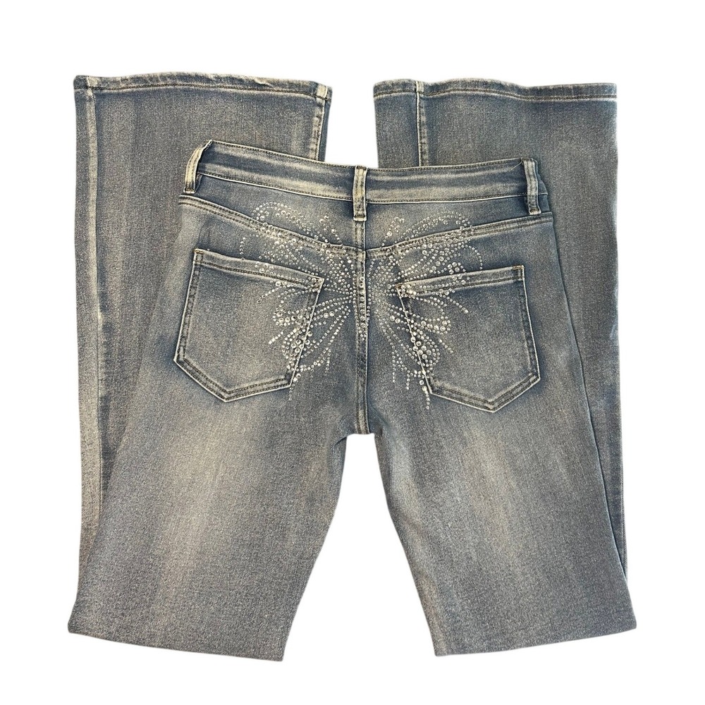 Vintage Flare Jeans Size 7 Blue Rhinestone Butterfly Back Pocket Y2K 2000s